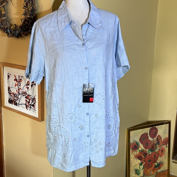AVENUE Size 14/16 Eyelet CutOut Embroidered Button-front Linen Top  $69 NEW - Picture 1 of 13